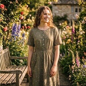 Polagram Olive Green Midi Dress with Pink Floral Print